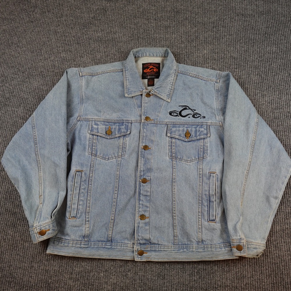 Orange County Choppers Jacket Mens XL Blue Denim Biker Button Motorcycle Logo